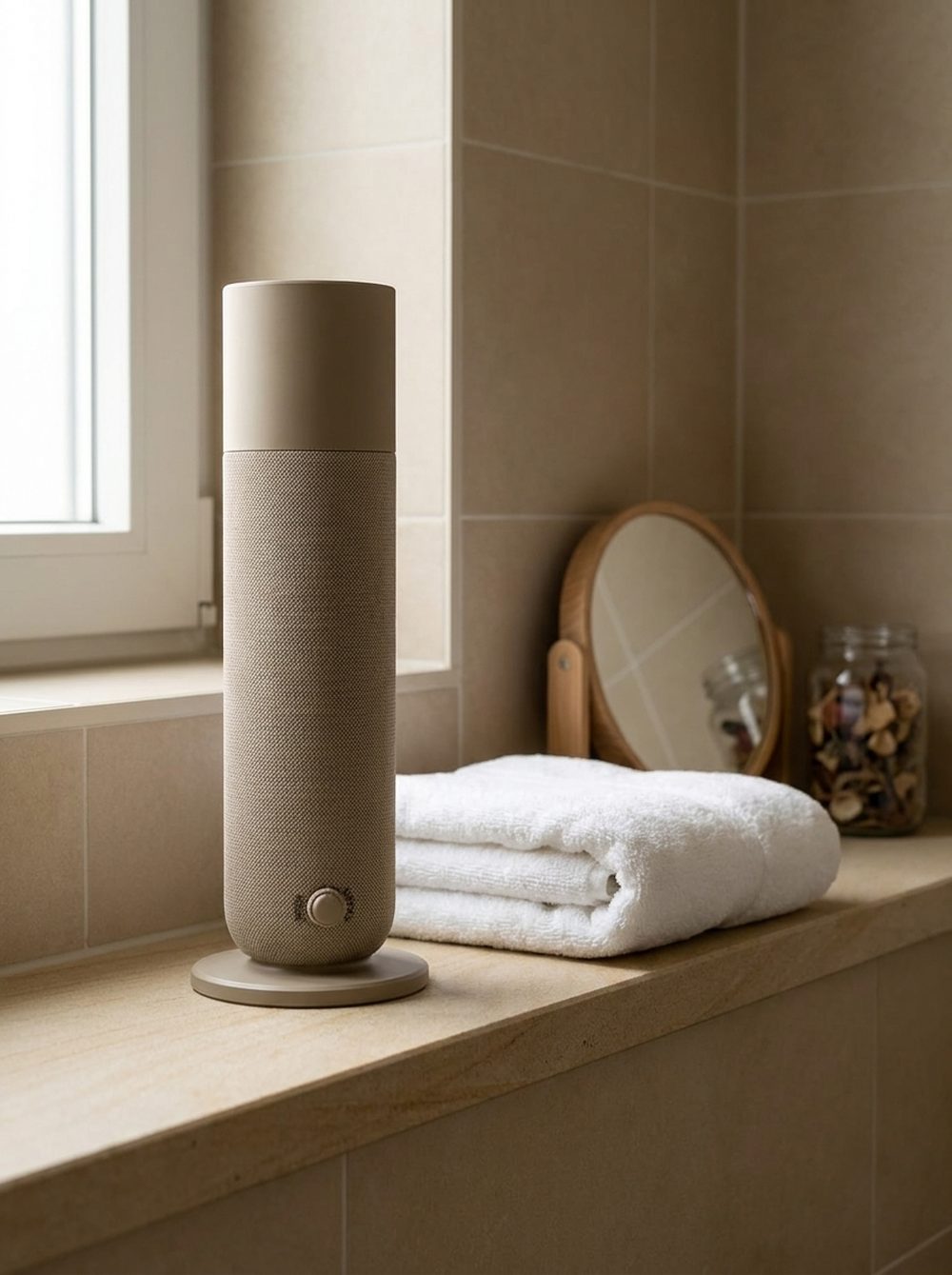 A Scentech diffuser on a stone bathroom shelf beside a folded towel and a round mirror